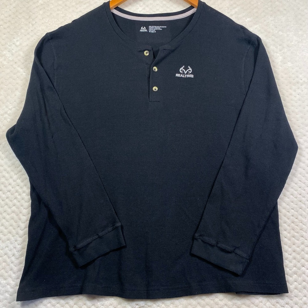 Realtree Mens 3XL Thermal Henley Long Sleeve Shirt Black Camo Trim Waffle Knit
